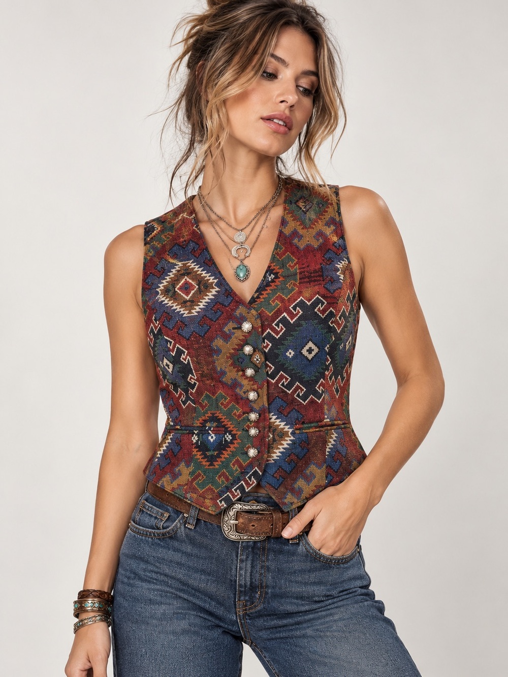 Pioneer Wear Southwestern Tapestry Vest Sz 14 Western Boho Cowgirl Festival *